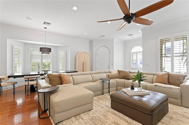 2936 W Knights Ave Unit A, Tampa, FL 33611 - living area with ornamental molding, ceiling fan, wood-type flooring, recessed lighting, and baseboards