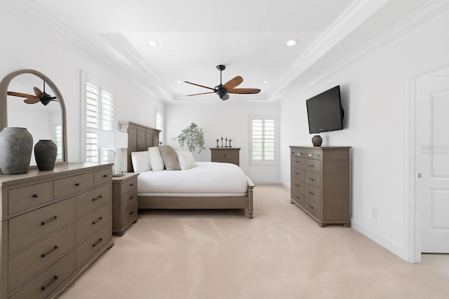 2936 W Knights Ave Unit A, Tampa, FL 33611 - bedroom featuring ornamental molding, recessed lighting, light colored carpet, a raised ceiling, and baseboards