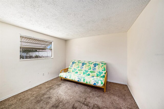 living area with carpet floors, a textured ceiling, and baseboards
