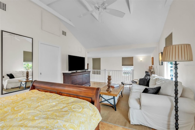 221 13th Ave NE, Saint Petersburg, FL 33701 - bedroom featuring high vaulted ceiling, multiple windows, beamed ceiling, and a ceiling fan