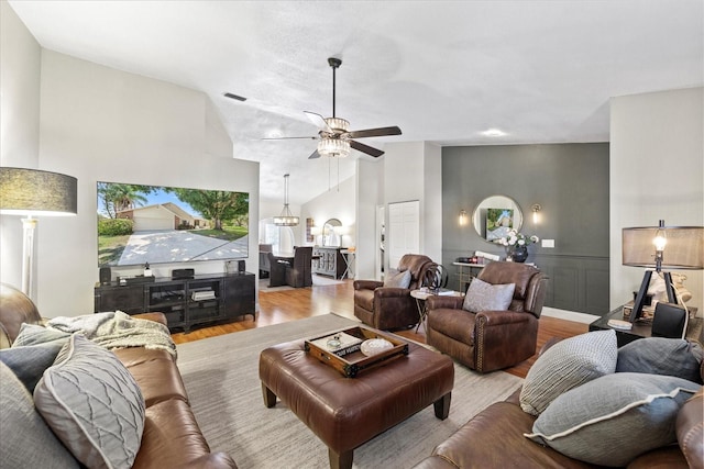 1914 Elk Spring Dr, Brandon, FL 33511 - living area featuring ceiling fan, wood finished floors, and high vaulted ceiling