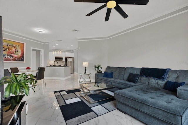 4333 Bayside Village Dr Unit 110, Tampa, FL 33615 - living area with light marble finish flooring, ornamental molding, a ceiling fan, baseboards, and recessed lighting