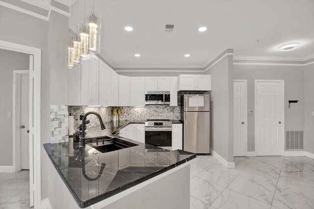 4333 Bayside Village Dr Unit 110, Tampa, FL 33615 - kitchen with appliances with stainless steel finishes, ornamental molding, a sink, baseboards, and dark stone countertops