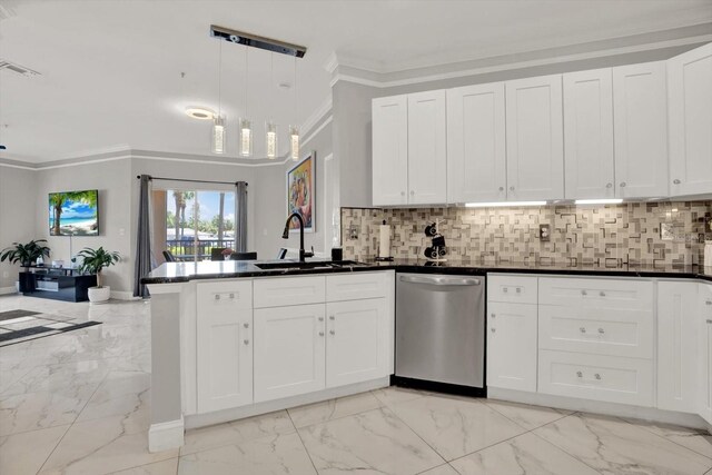 4333 Bayside Village Dr Unit 110, Tampa, FL 33615 - kitchen featuring dishwasher, light marble finish flooring, a sink, a peninsula, and ornamental molding
