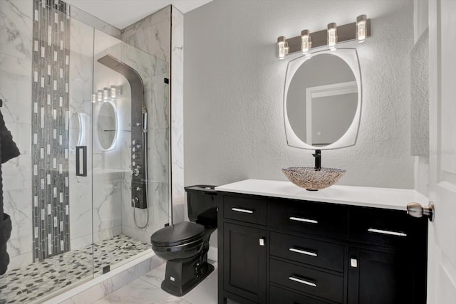 4333 Bayside Village Dr Unit 110, Tampa, FL 33615 - full bathroom with a marble finish shower, marble look tiles, toilet, a textured wall, and vanity