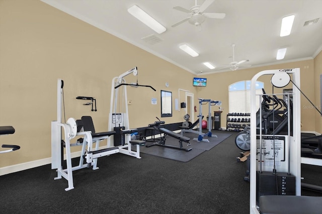 4333 Bayside Village Dr Unit 110, Tampa, FL 33615 - exercise room with a ceiling fan, ornamental molding, and baseboards