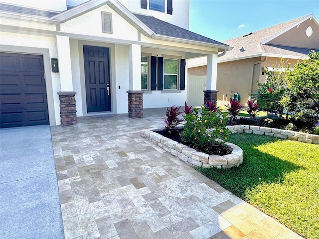 1147 Halapa Way, Trinity, FL 34655 - entrance to property with stucco siding, a porch, and roof with shingles