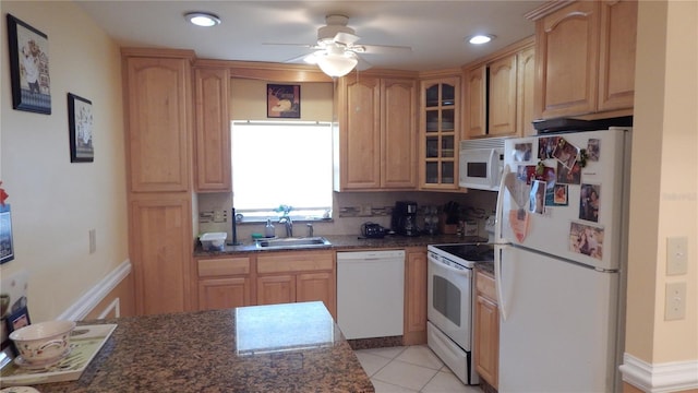 4744 Azalea Dr Unit 203B, New Port Richey, FL 34652 - kitchen featuring white appliances, a sink, glass insert cabinets, a ceiling fan, and light tile patterned floors