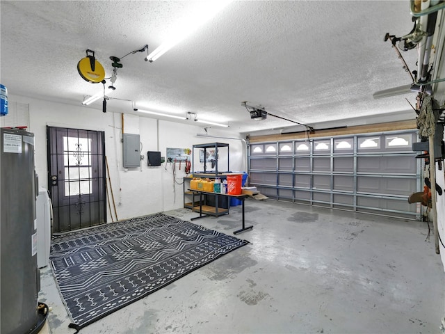 garage featuring electric panel, fridge, and a garage door opener