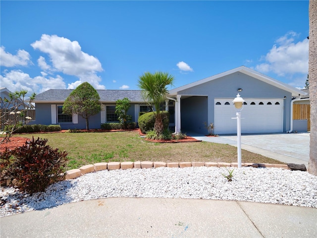 ranch-style house with an attached garage, a front lawn, driveway, and stucco siding