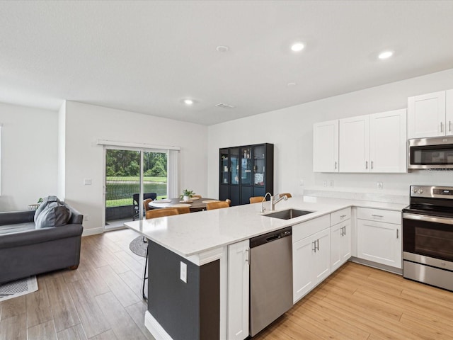 17729 Nectar Flume Dr, Land O Lakes, FL 34638 - kitchen featuring stainless steel appliances, a sink, open floor plan, a peninsula, and white cabinets