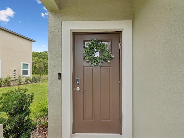 17729 Nectar Flume Dr, Land O Lakes, FL 34638 - view of exterior entry featuring stucco siding and a lawn