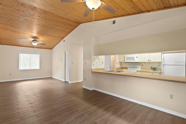3005 W Sligh Ave, Tampa, FL 33614 - unfurnished living room featuring ceiling fan, wooden ceiling, a sink, high vaulted ceiling, and baseboards