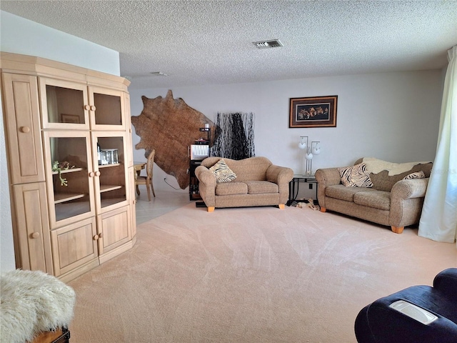 living area featuring light carpet and a textured ceiling