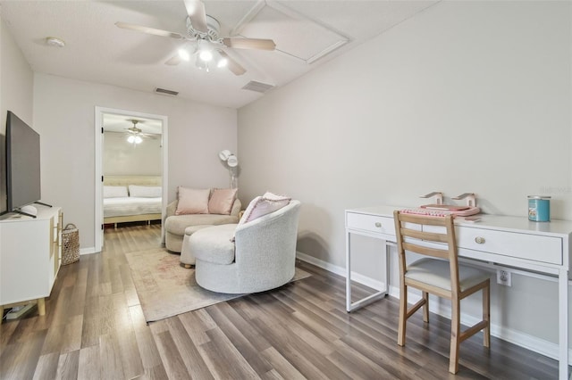 4528 Winding River Way, Land O Lakes, FL 34639 - office featuring a ceiling fan, wood finished floors, and baseboards