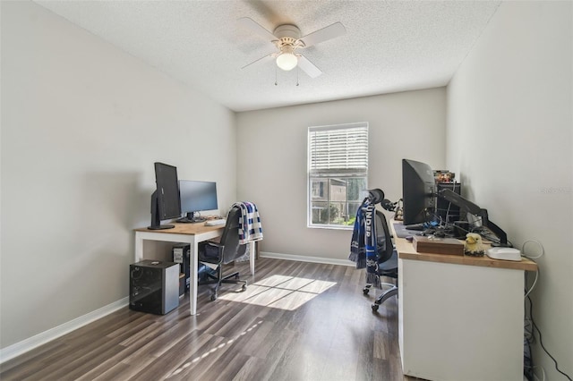 4528 Winding River Way, Land O Lakes, FL 34639 - home office featuring a ceiling fan, wood finished floors, a textured ceiling, and baseboards