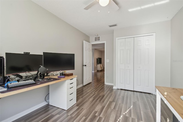 4528 Winding River Way, Land O Lakes, FL 34639 - home office with wood finished floors, ceiling fan, and baseboards