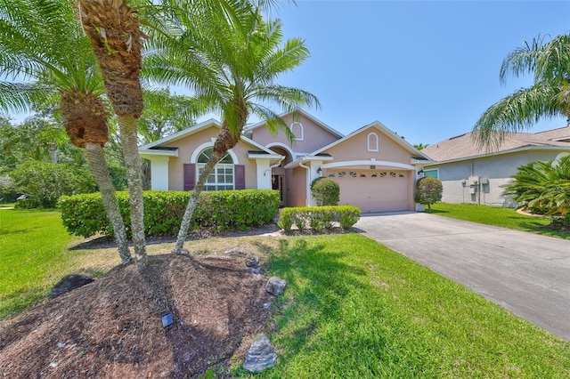 14502 Pond Cypress Way, Tampa, FL 33626 - view of front of home with stucco siding, a garage, a front lawn, and concrete driveway