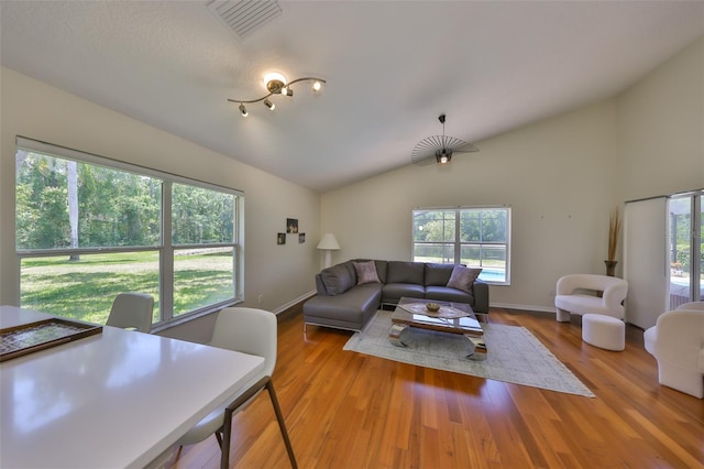 14502 Pond Cypress Way, Tampa, FL 33626 - living area featuring vaulted ceiling, wood finished floors, and baseboards