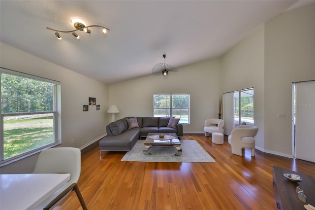14502 Pond Cypress Way, Tampa, FL 33626 - living area featuring lofted ceiling, baseboards, and wood finished floors