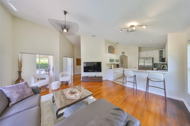 14502 Pond Cypress Way, Tampa, FL 33626 - living area featuring high vaulted ceiling, light wood-style flooring, and arched walkways