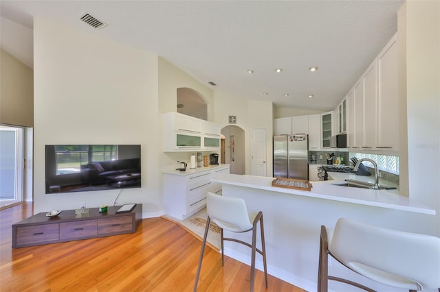 14502 Pond Cypress Way, Tampa, FL 33626 - kitchen featuring stainless steel appliances, a sink, a peninsula, lofted ceiling, and light wood finished floors