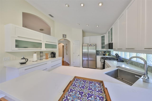 14502 Pond Cypress Way, Tampa, FL 33626 - kitchen with appliances with stainless steel finishes, a sink, light countertops, arched walkways, and lofted ceiling