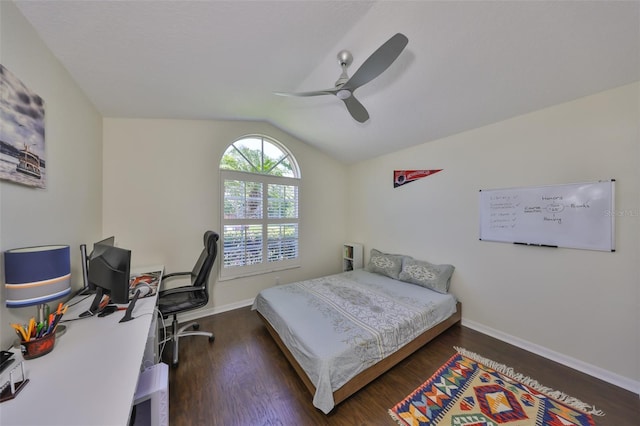 14502 Pond Cypress Way, Tampa, FL 33626 - bedroom with vaulted ceiling, wood finished floors, an office area, ceiling fan, and baseboards