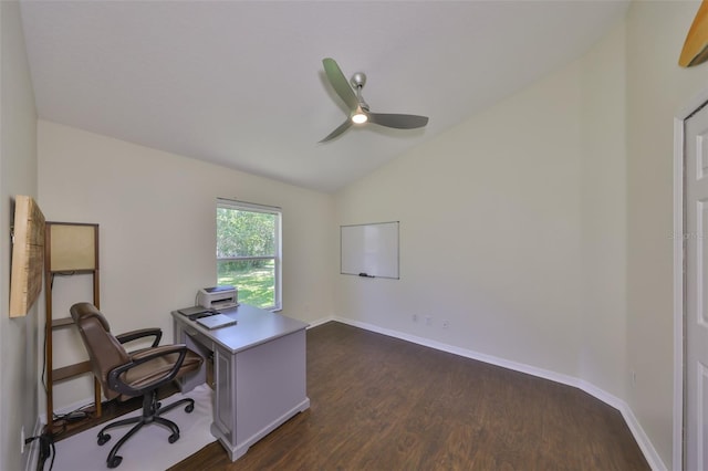 14502 Pond Cypress Way, Tampa, FL 33626 - office featuring vaulted ceiling, ceiling fan, dark wood-style flooring, and baseboards