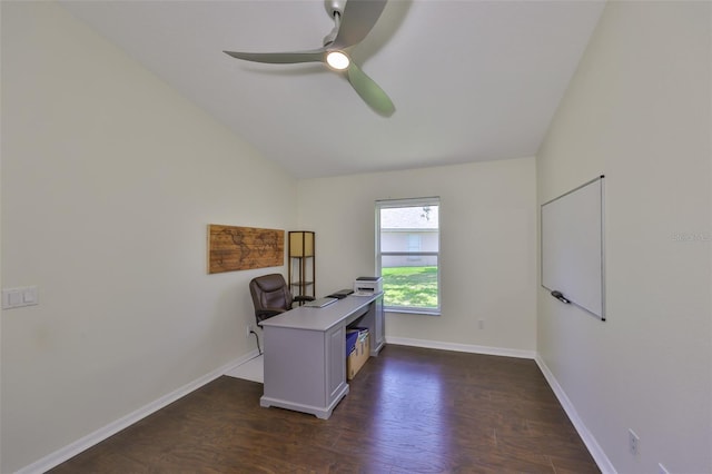14502 Pond Cypress Way, Tampa, FL 33626 - office space featuring a ceiling fan, lofted ceiling, dark wood-style flooring, and baseboards