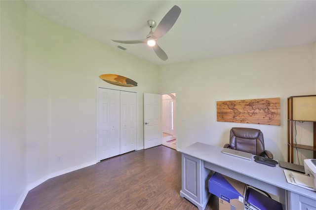 14502 Pond Cypress Way, Tampa, FL 33626 - office with dark wood-style flooring, a ceiling fan, baseboards, and lofted ceiling