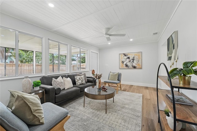 2815 Golfview Dr, Melbourne, FL 32901 - living area with wooden ceiling, light wood finished floors, ceiling fan, baseboards, and recessed lighting