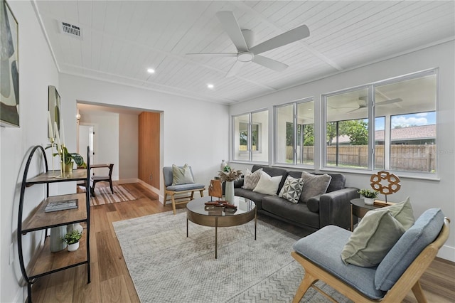 2815 Golfview Dr, Melbourne, FL 32901 - living area featuring wood finished floors, a ceiling fan, recessed lighting, wood ceiling, and baseboards