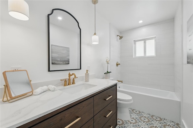 2815 Golfview Dr, Melbourne, FL 32901 - bathroom featuring toilet, vanity, tile patterned floors, shower / tub combination, and recessed lighting