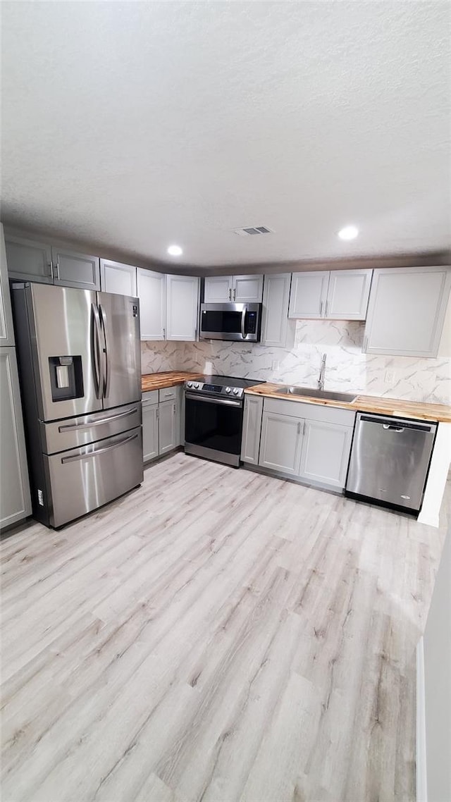 312 Dorothy Ave, Daytona Beach, FL 32117 - kitchen featuring appliances with stainless steel finishes, a sink, wooden counters, light wood finished floors, and tasteful backsplash
