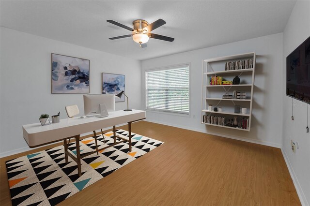 3002 Savannah Oaks Cir, Tarpon Springs, FL 34688 - home office featuring a ceiling fan, wood finished floors, and baseboards