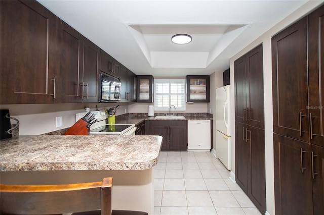 12300 Park Blvd Unit 222, Seminole, FL 33772 - kitchen featuring white appliances, a sink, a tray ceiling, light tile patterned floors, and dark brown cabinets
