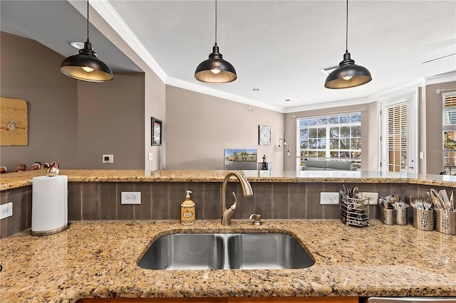 6319 Sunset Bay Cir, Apollo Beach, FL 33572 - kitchen with a sink, crown molding, light stone countertops, and decorative light fixtures