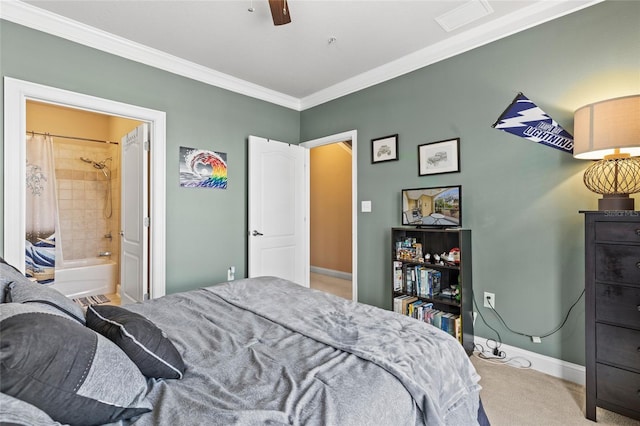 6319 Sunset Bay Cir, Apollo Beach, FL 33572 - bedroom with carpet floors, baseboards, ornamental molding, ceiling fan, and ensuite bathroom