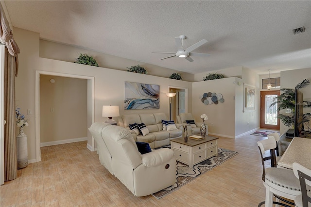 3338 Laurelwood Ct, Tarpon Springs, FL 34688 - living room featuring light wood finished floors, a ceiling fan, a textured ceiling, and baseboards