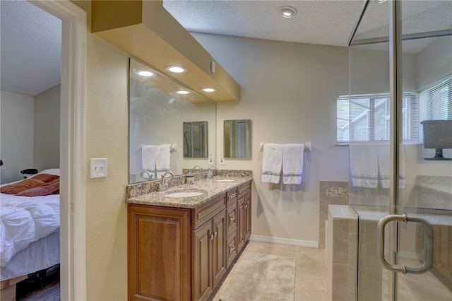 3338 Laurelwood Ct, Tarpon Springs, FL 34688 - bathroom with ensuite bath, recessed lighting, double vanity, tile patterned floors, and a shower with door