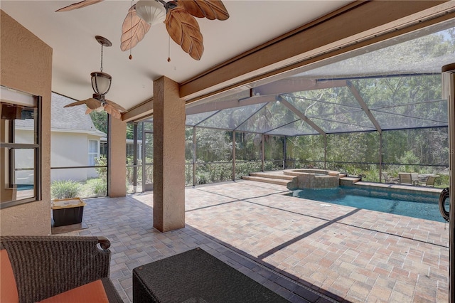 3338 Laurelwood Ct, Tarpon Springs, FL 34688 - view of patio / terrace featuring ceiling fan, a pool with connected hot tub, and glass enclosure