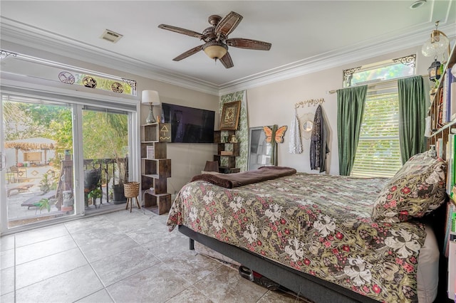 bedroom featuring tile patterned floors, crown molding, access to exterior, and ceiling fan