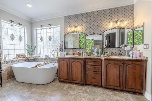 bathroom with double vanity, a freestanding tub, crown molding, and tasteful backsplash