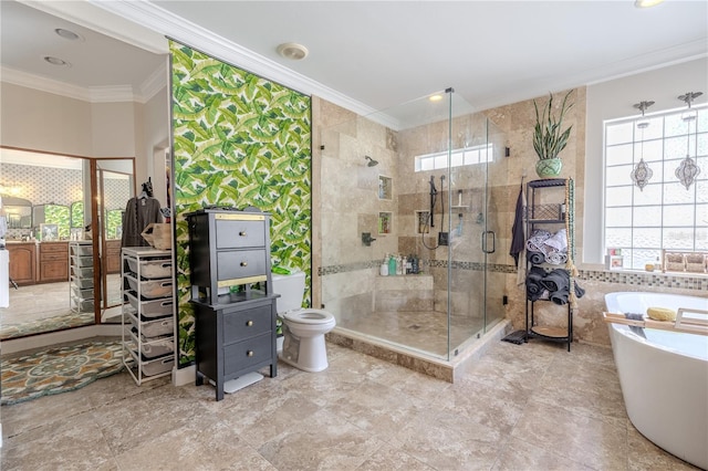 full bathroom with healthy amount of natural light, a stall shower, a soaking tub, crown molding, and toilet