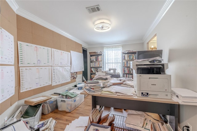 office area featuring ornamental molding and wood finished floors