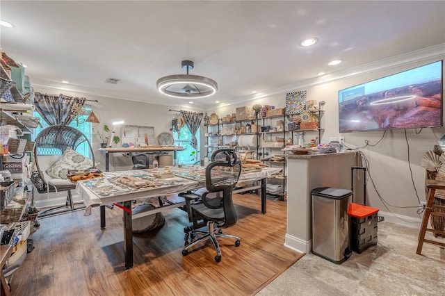 home office with crown molding, recessed lighting, and wood finished floors