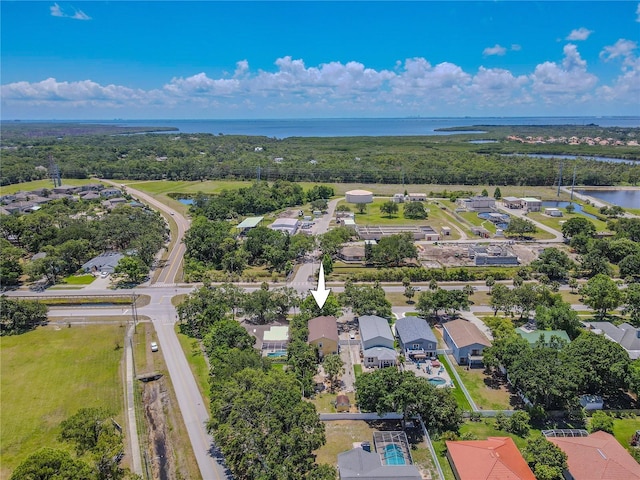 aerial view of residential area with a large body of water