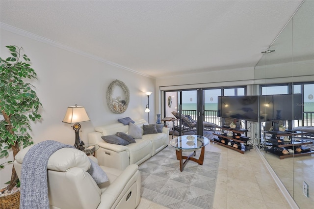 13720 Gulf Blvd Unit 302, Madeira Beach, FL 33708 - living room with crown molding and a textured ceiling