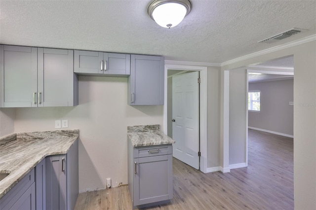 2112 33rd St SE, Ruskin, FL 33570 - kitchen featuring gray cabinetry, light wood-type flooring, a textured ceiling, baseboards, and crown molding